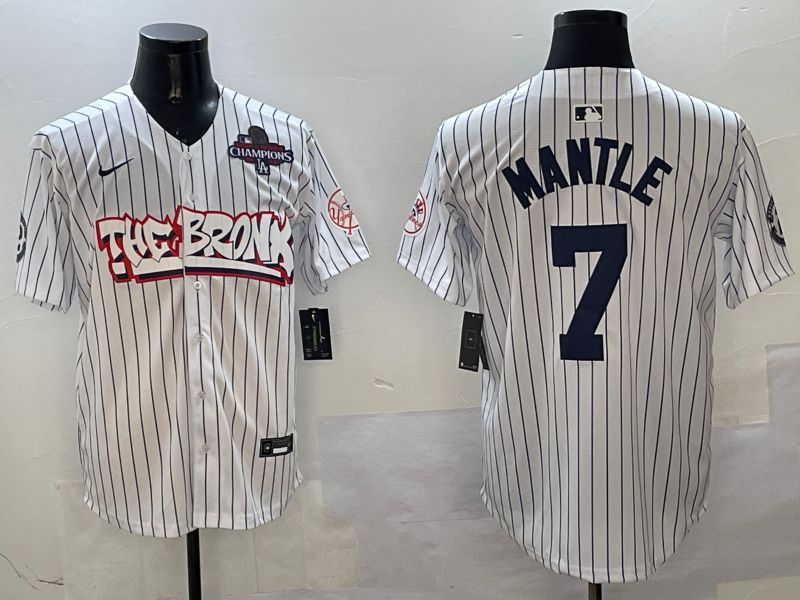Men New York Yankees #7 Mantle White Stripe four generations Joint Name 2025 Nike MLB Jersey style 2